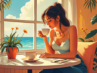 Generated poster-art style illustration of a beautiful woman having a cup of coffee in the morning, flowers here and there.