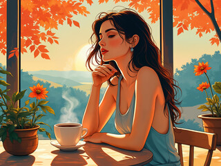 Generated poster-art style illustration of a beautiful woman having a cup of coffee in the morning, flowers here and there.