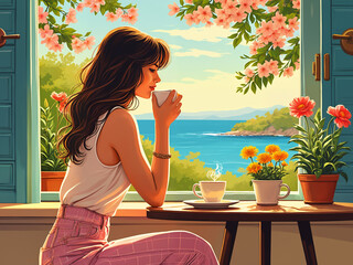 Generated poster-art style illustration of a beautiful woman having a cup of coffee in the morning, flowers here and there.