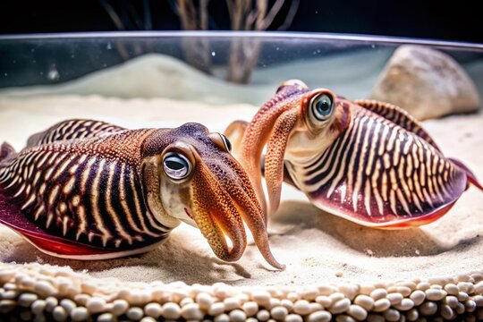 Two Cuttlefishes in an Aquarium with White Sand - Underwater Marine Life Photography