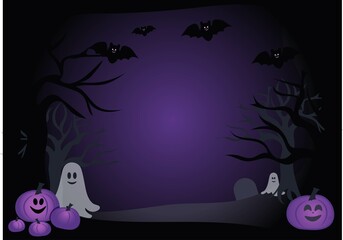 A playful Halloween scene with purple pumpkins, smiling ghosts, and cheerful bats in a dark, purple night. Bare twisted trees frame the background, adding a whimsical yet spooky touch.
