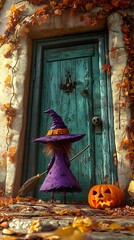 Obraz premium 3d HD cartoonstyle witch adorned in purple and orange struggles to fly through a closed green door her broom broken beside her The scene is vibrant and filled with Halloween spirit