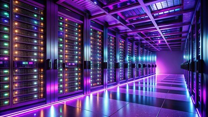 Fototapeta premium Ultramodern Server Room with Neon Purple Lights - High-Tech Data Storage Environment