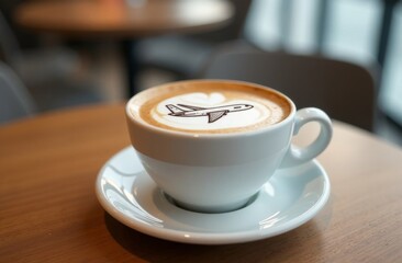 Fototapeta premium Airplane from cinnamon to coffee. A cup of coffee, dessert, boarding passes without a name. Travel concept. Cappuccino at the airport