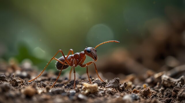 A close-up shot of a red ant standing on the ground, looking at the camera.