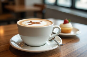 Airplane from cinnamon to coffee. A cup of coffee, dessert, boarding passes without a name. Travel concept. Cappuccino at the airport