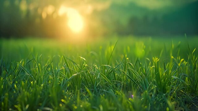 A close-up view of a grassy field with the setting sun behind it, Evening sun setting behind a sea of grass