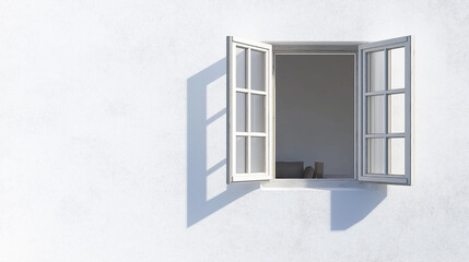 white window on a wall, white wall of a house with an open window from the inside