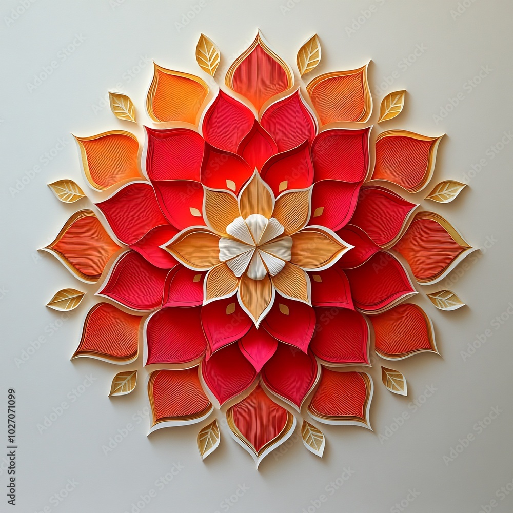 Poster beautiful papercut style indian rangoli vibrant colors of red orange and gold arranged in intricate 