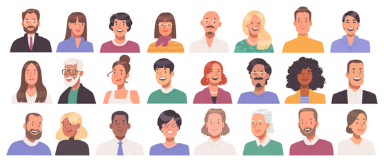 Set of business people avatars. Collection of portraits of happy men and women of different ages and races. Vector illustration