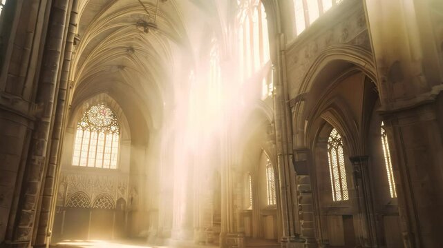 A single beam of sunlight shines through stained glass windows in a gothic cathedral, Experiment with capturing the grandeur and scale of Gothic cathedrals