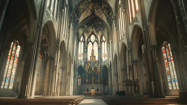 A videograph of the interior of a gothic cathedral, showcasing the grandeur and scale of the architecture, Experiment with capturing the grandeur and scale of Gothic cathedrals