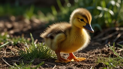 Obraz premium A fluffy duckling gleams in the sunlight with its yellow feathers. The duckling's dark eyes are wide, and it is curious as it explores its surroundings.