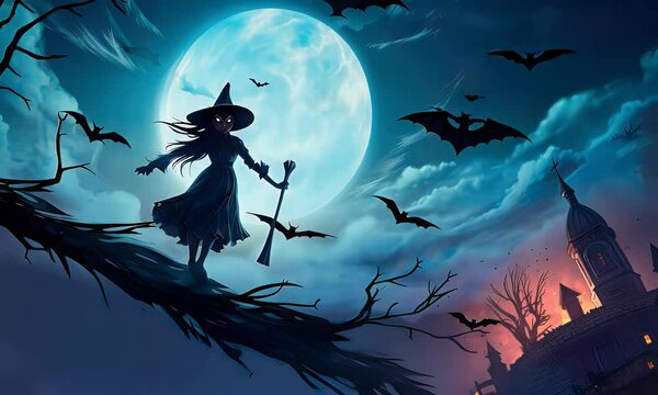 witch on a broomstick during Halloween night.