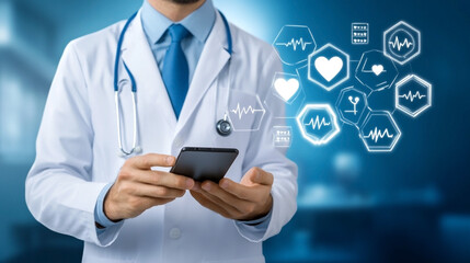 Doctor in a white coat using a smartphone with medical icons and health data symbols on a digital interface - Powered by Adobe