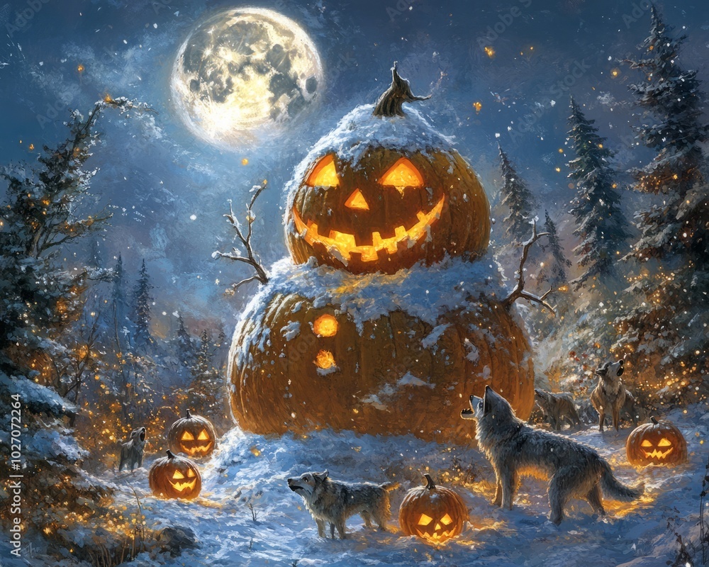 Canvas Prints A giant pumpkin snowman stands in a snowy forest under the full moon, surrounded by smaller pumpkins and wolves.