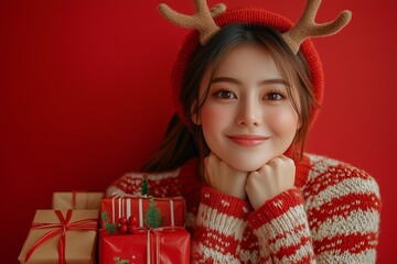 A woman in an ugly christmas sweater with deer antlers on her head holding several wrapped gifts, on a red background. 