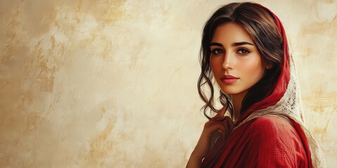 Fototapeta premium Middle Eastern Woman with Brown Hair Against a Cream Background Capturing Beauty and Culture