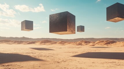 A futuristic desert landscape with floating geometric cubes casting long shadows over the barren, sandy surface