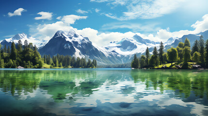 Naklejka premium Panoramic view of a crystal-clear mountain lake