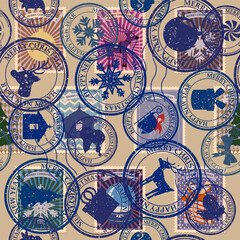 Christmas retro postal stamp seamless pattern old postage stamps