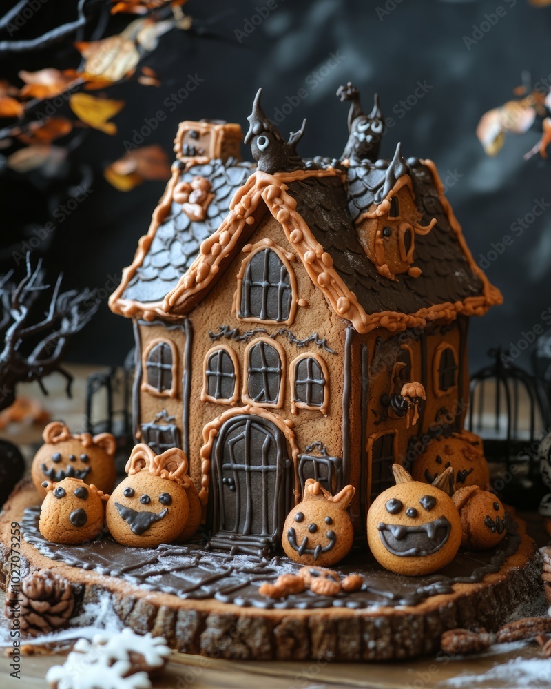 Canvas Prints A gingerbread house decorated with black icing and surrounded by gingerbread pumpkins and ghosts on a rustic wooden table.