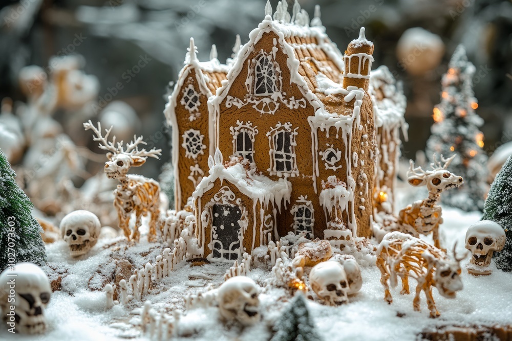 Canvas Prints A gingerbread house decorated with spooky Halloween decorations.