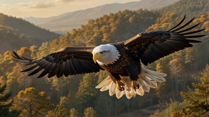 Obraz premium A powerful eagle, its sharp eyes scanning the landscape below, soars through the sky.