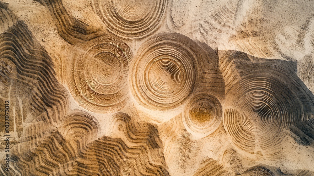 Aufkleber aerial view of a desert with intricate geometric patterns of circles and lines carved into the sand,