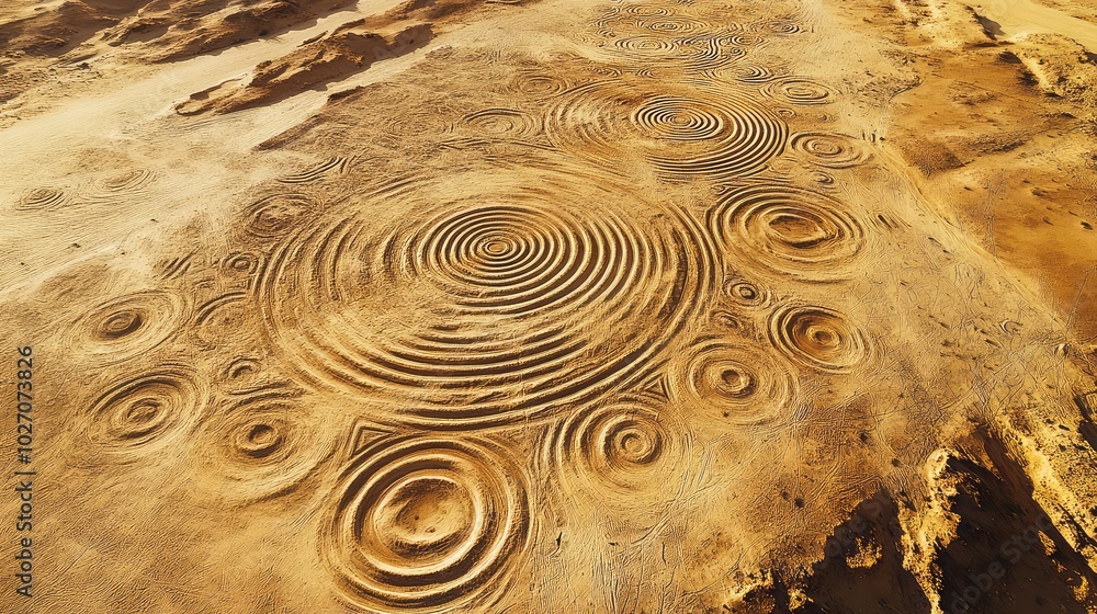 Aufkleber aerial view of a desert with intricate geometric patterns of circles and lines carved into the sand,