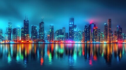 Fototapeta premium Vibrant Cityscape at Night with Reflections and Lights