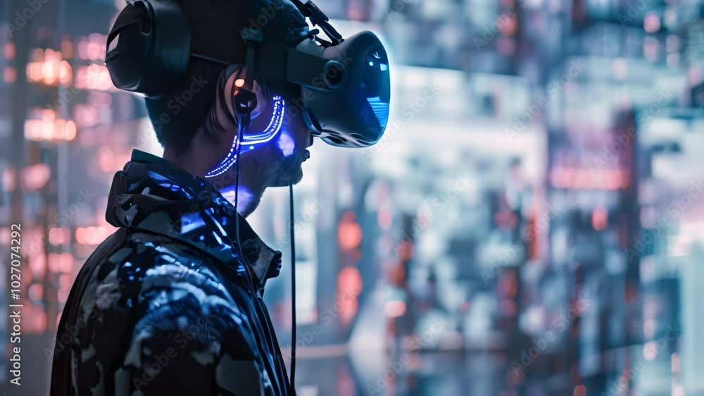 Poster a person wearing a vr headset interacts with a digital interface, exploring new concepts through int