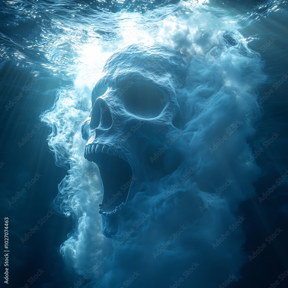 Aufkleber captivating scene of a blue skull ghost face appearing underwater its mouth wide open the trail of w