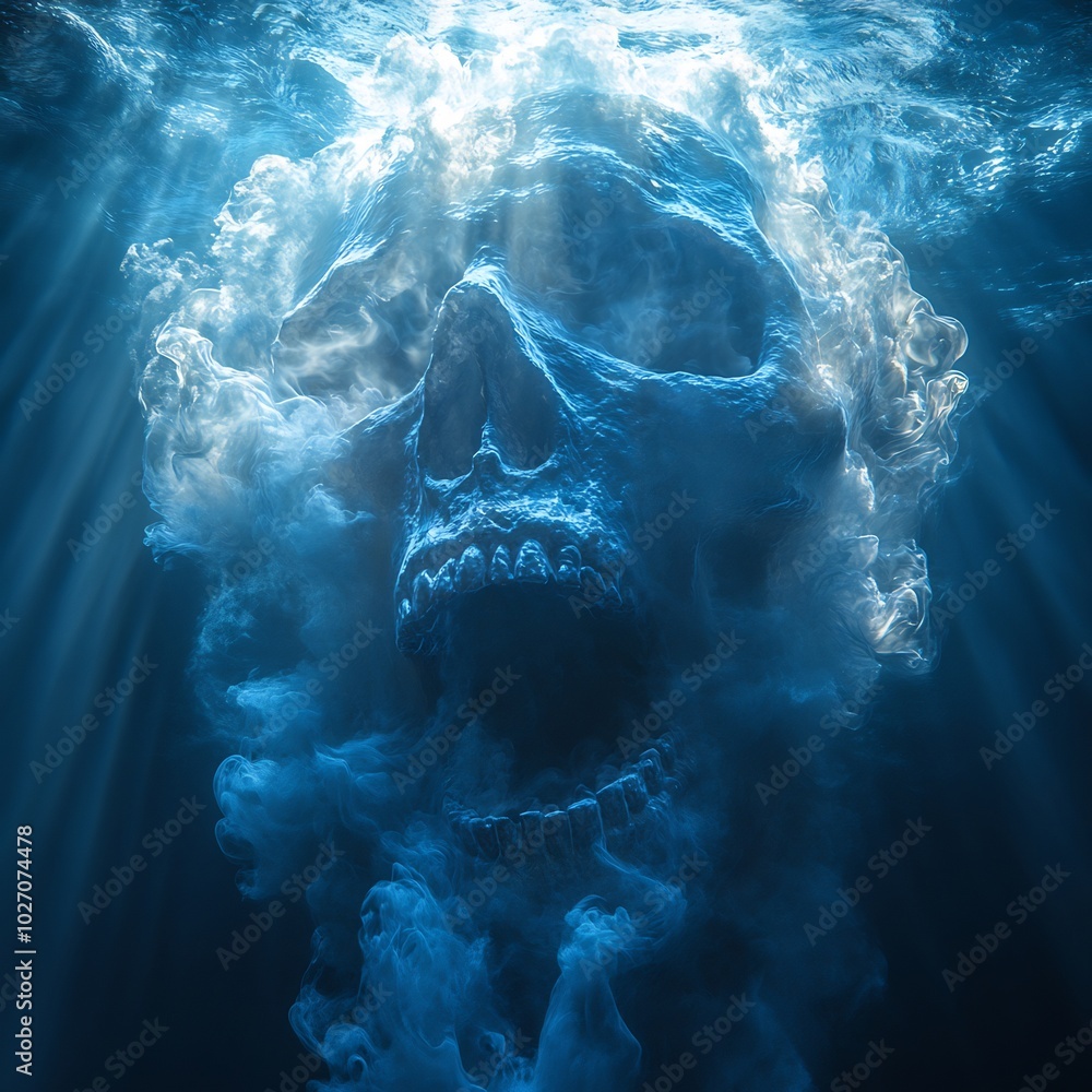Aufkleber captivating scene of a blue skull ghost face appearing underwater its mouth wide open the trail of w