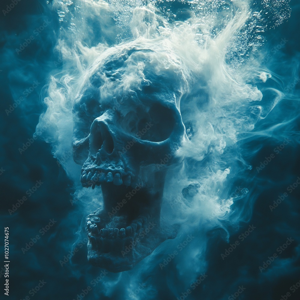 Aufkleber captivating scene of a blue skull ghost face appearing underwater its mouth wide open the trail of w