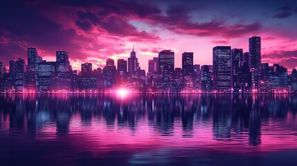 Fototapeta premium Vibrant Sunset Over City Skyline Reflection