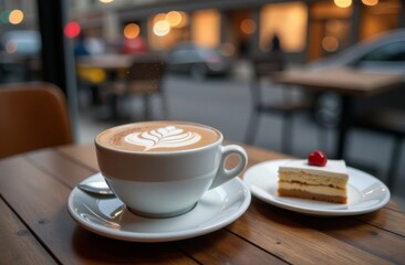 A cup of cappuccino with dessert stands on a table in a cafe decorated for the New Year and Christmas. There is a busy street outside the window