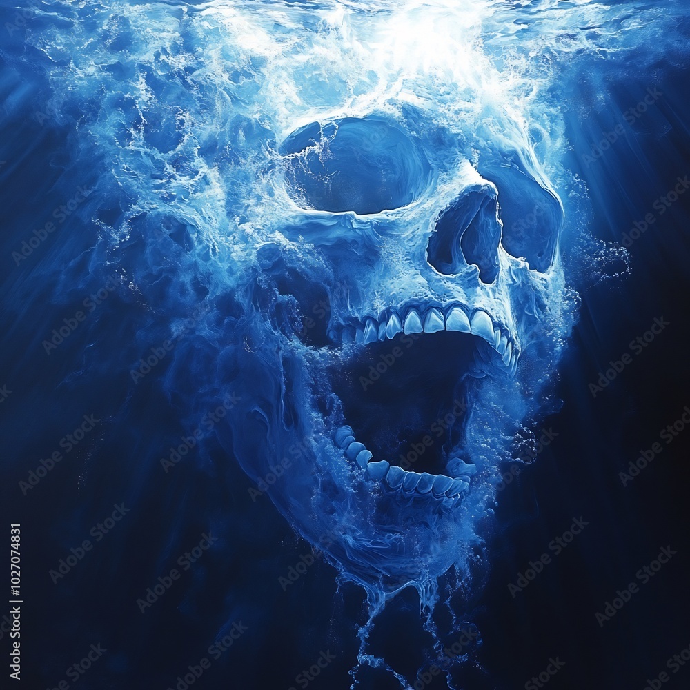 Aufkleber captivating scene of a blue skull ghost face appearing underwater its mouth wide open the trail of w