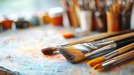 Fototapeta premium Colorful Paints and Brushes on Artistic Table