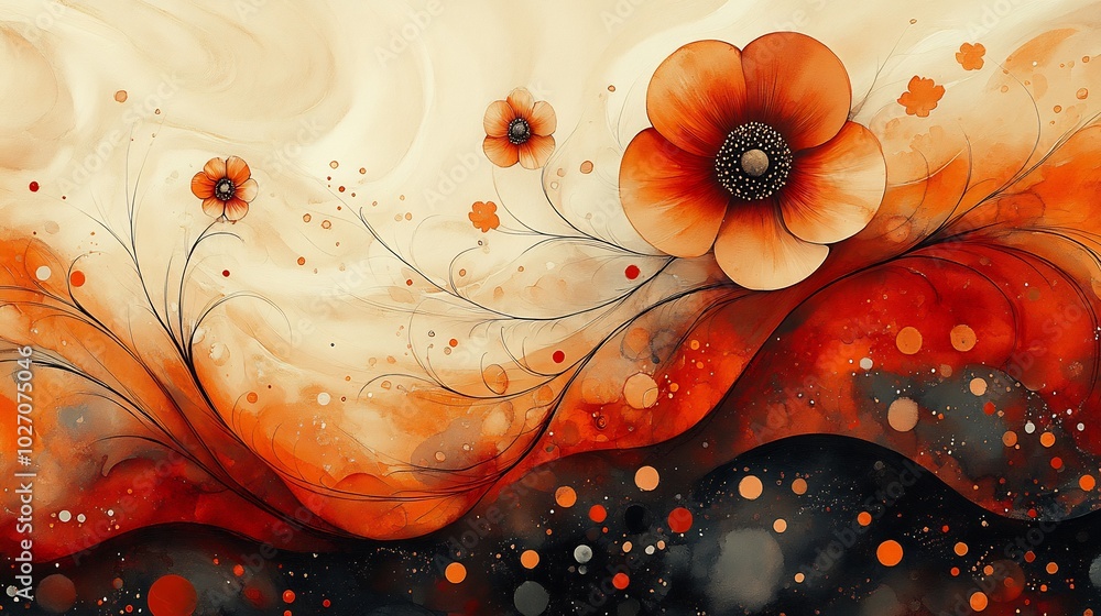 Poster captivating watercolor composition filled with circular motifs and floral elements utilizing a warm 