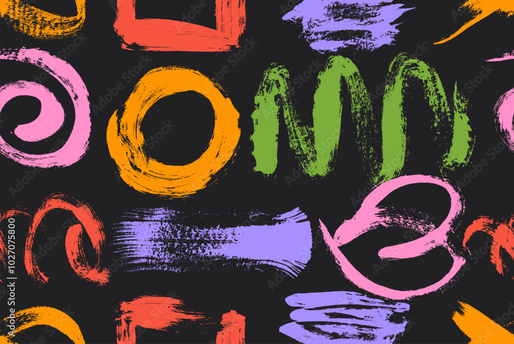 Poster seamless pattern with funky abstract shapes drawn with color brush. bold scribble forms and basic sh