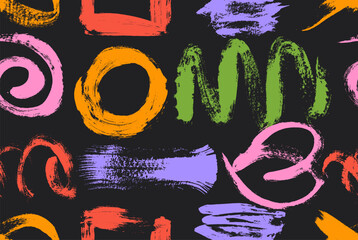 Seamless pattern with funky abstract shapes drawn with color brush. Bold scribble forms and basic shapes, thick and thin brush strokes squiggles. Naive playful wallpaper in retro cartoon style.