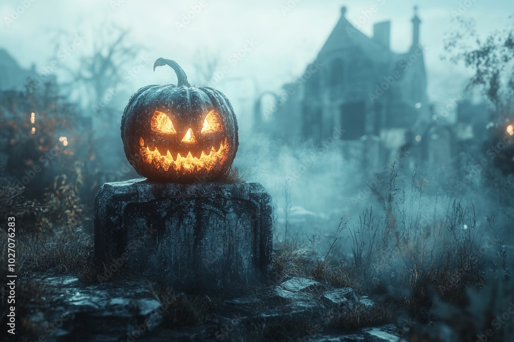 Wall mural A glowing jack-o'-lantern sits atop a tombstone in a foggy graveyard, with a spooky old house in the background.