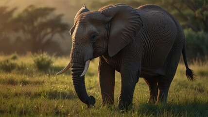 Fototapeta premium An African elephant stands tall, its tusks curving upwards in the golden light.