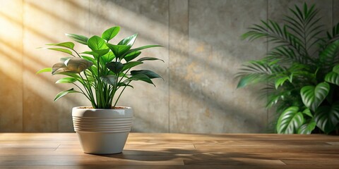 Vertical close-up of green leafy plant in white pot creating shadows on table, showcasing natural beauty and indoor