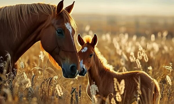 A mother horse and her foal are standing in a field of tall grass Video