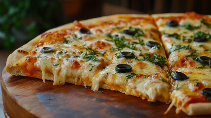 Delicious pizza slice with melted cheese and savory toppings