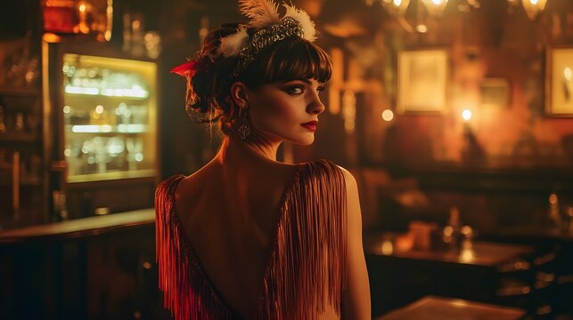 woman in a 1920s flapper costume, with a fringed dress and feather headband, standing in a speakeasy