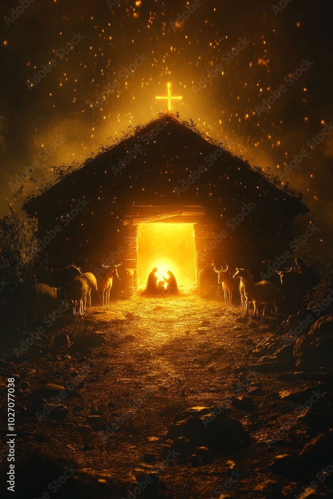 Canvas Prints A glowing silhouette of a church with a cross on top, a star, and a couple inside.  A group of animals are gathered in front.