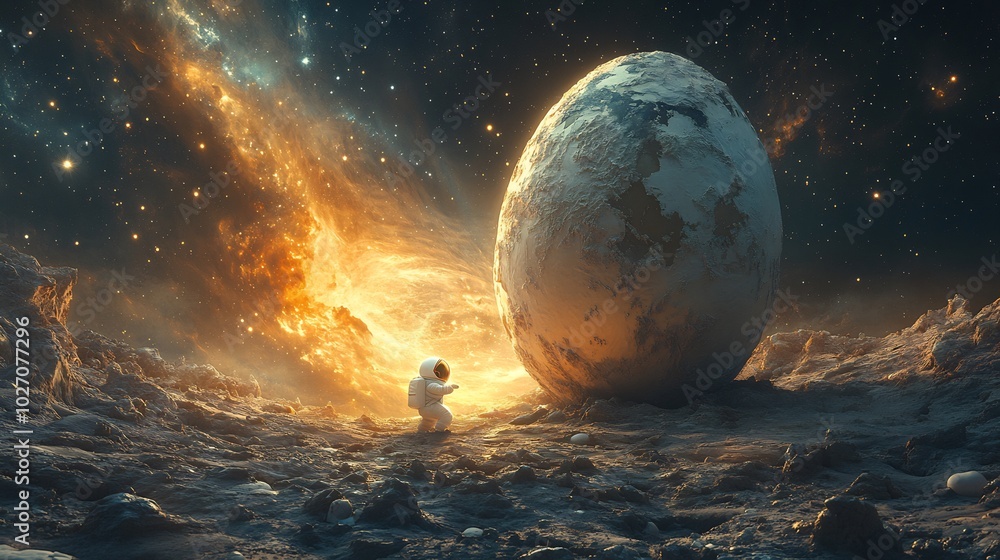 Poster charming scene featuring a tiny astronaut emerging from an oversized egg on the moon surrounded by s